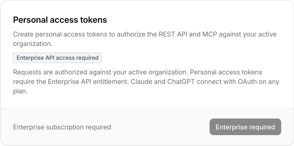 The Personal access tokens card on a plan without API access