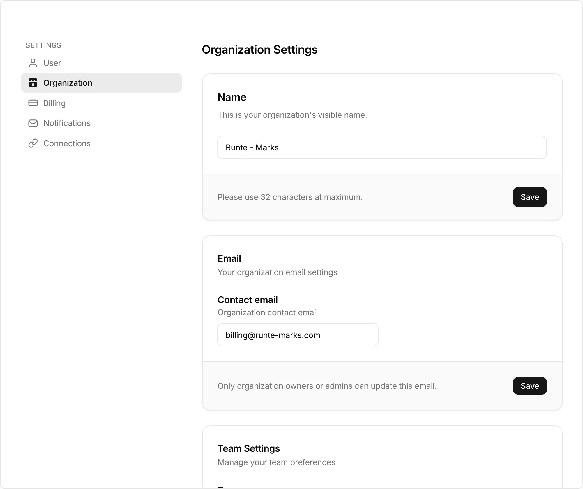 The Organization tab with the organization name and contact email