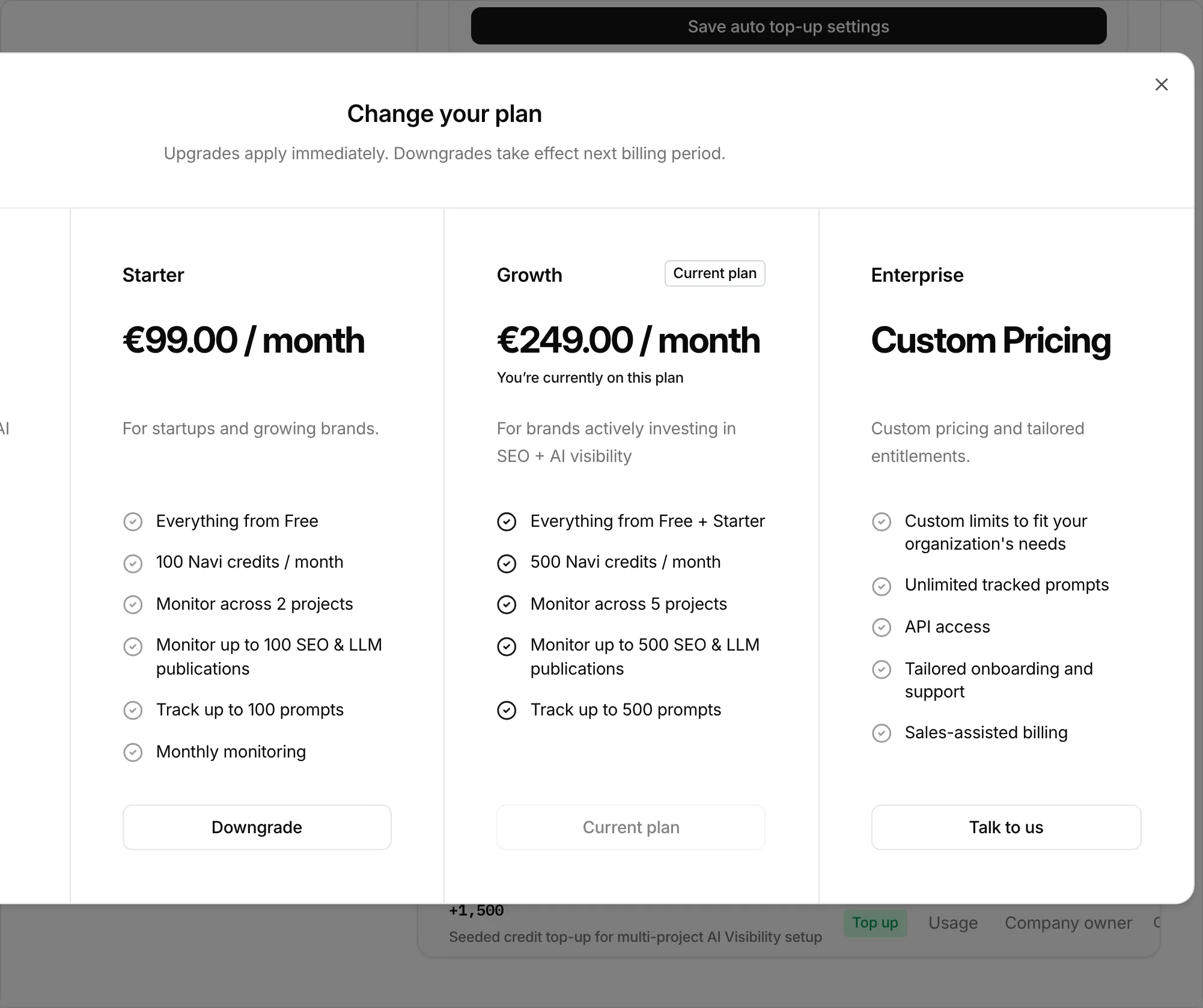 The Change your plan dialog comparing Free, Starter, Growth, and Enterprise