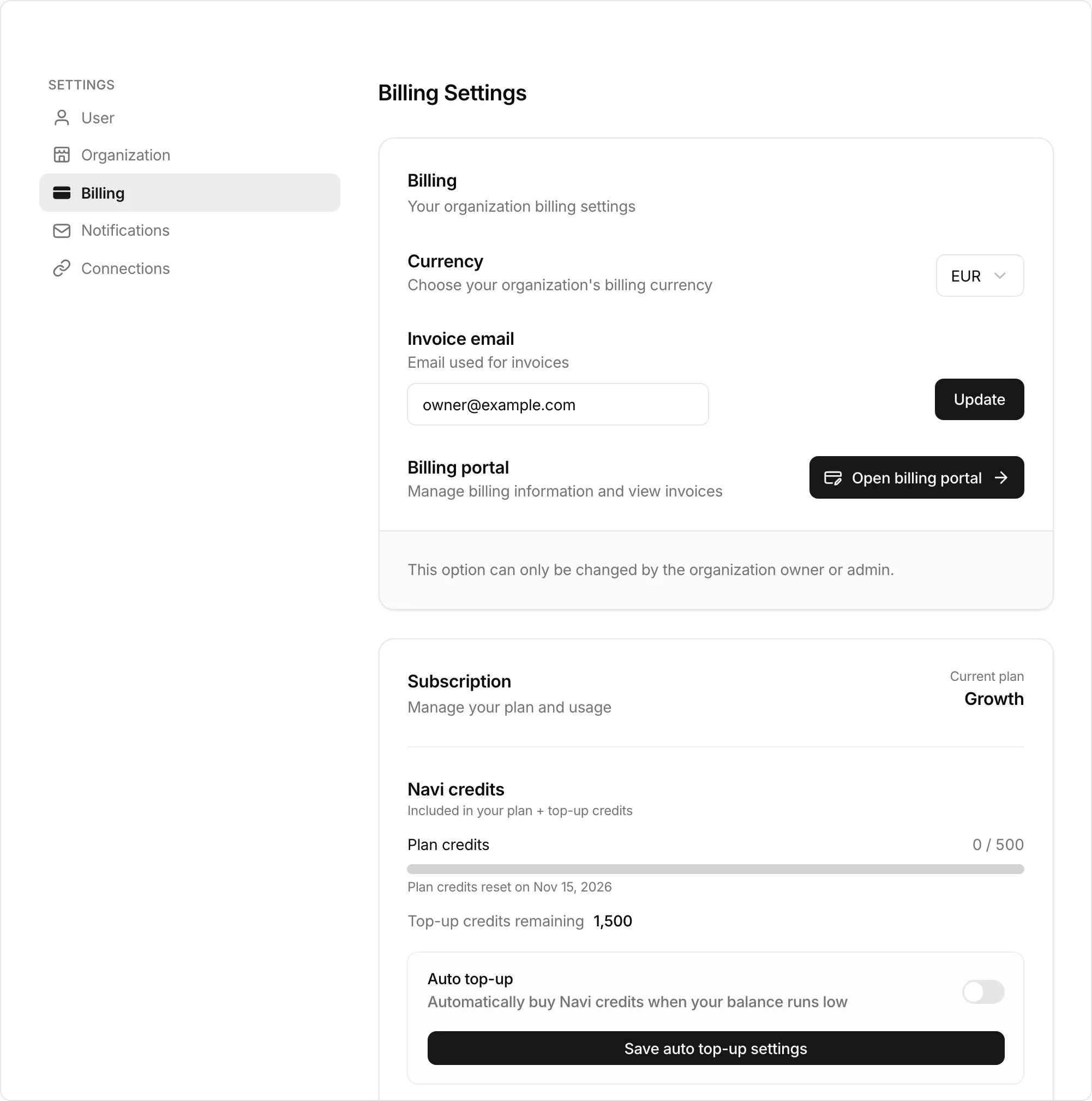 The Billing tab with currency, invoice email, billing portal, and Navi credits