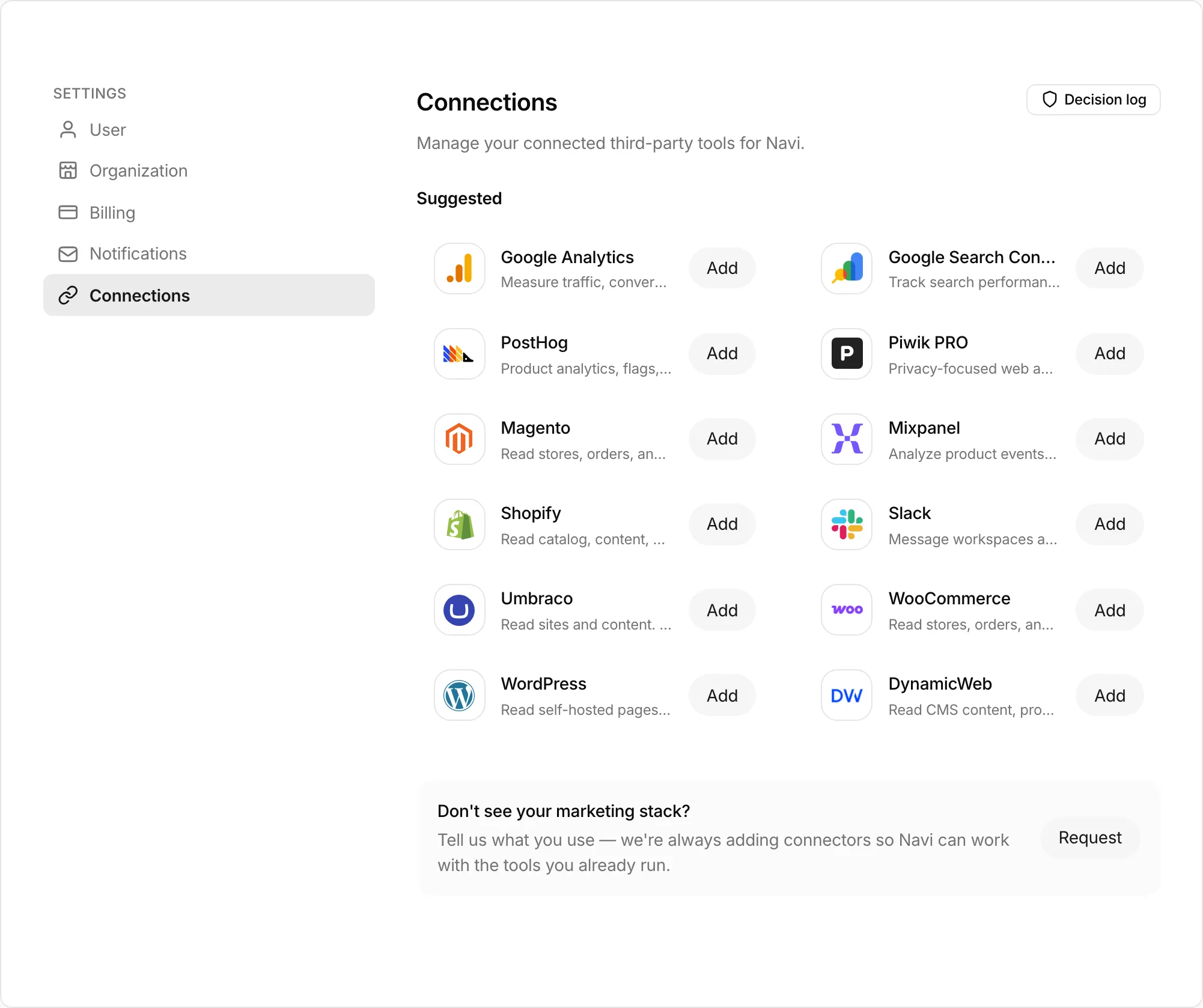 The Connections tab listing the tools Navi can connect to