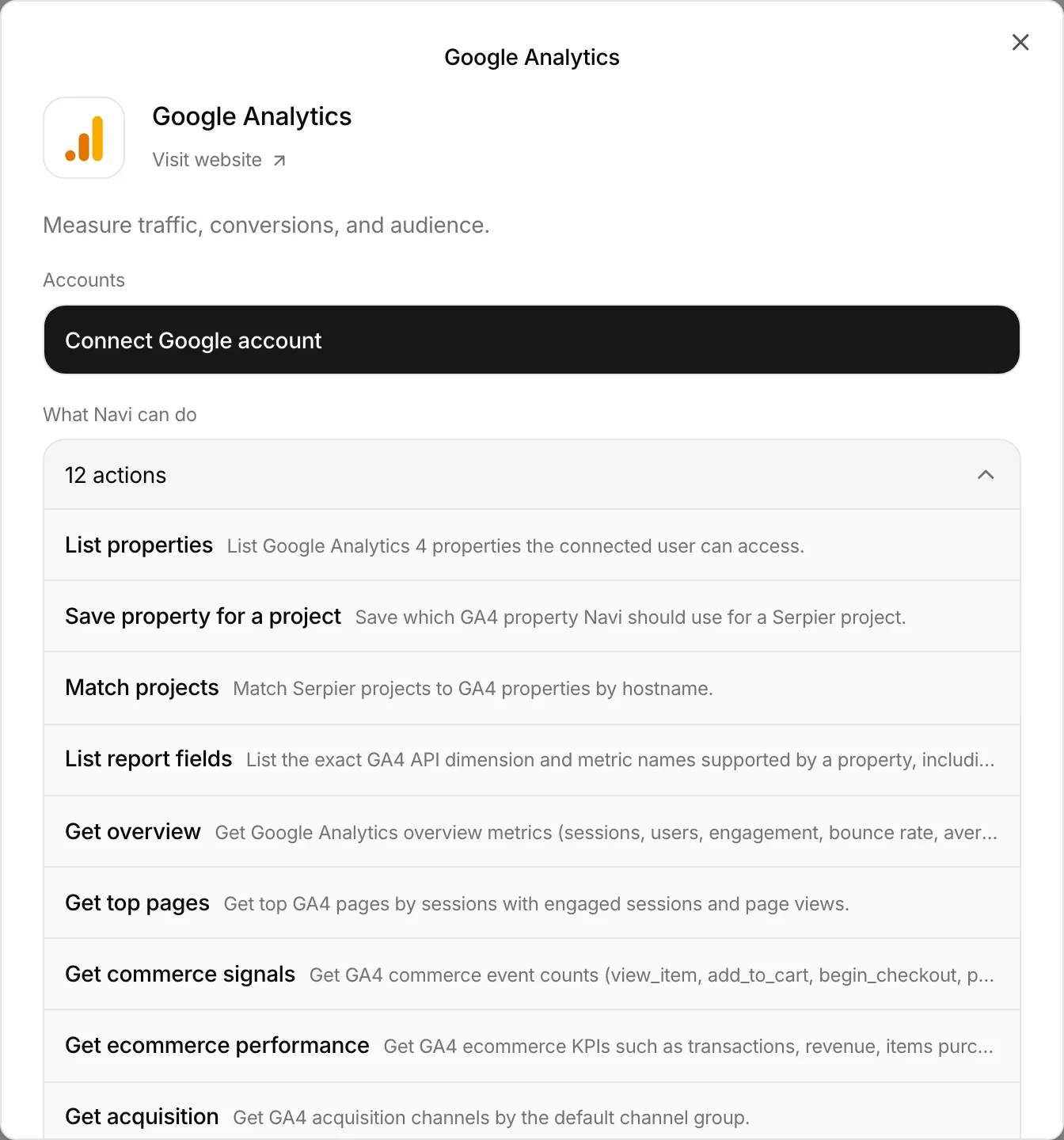 Google Analytics details with the list of actions Navi can take