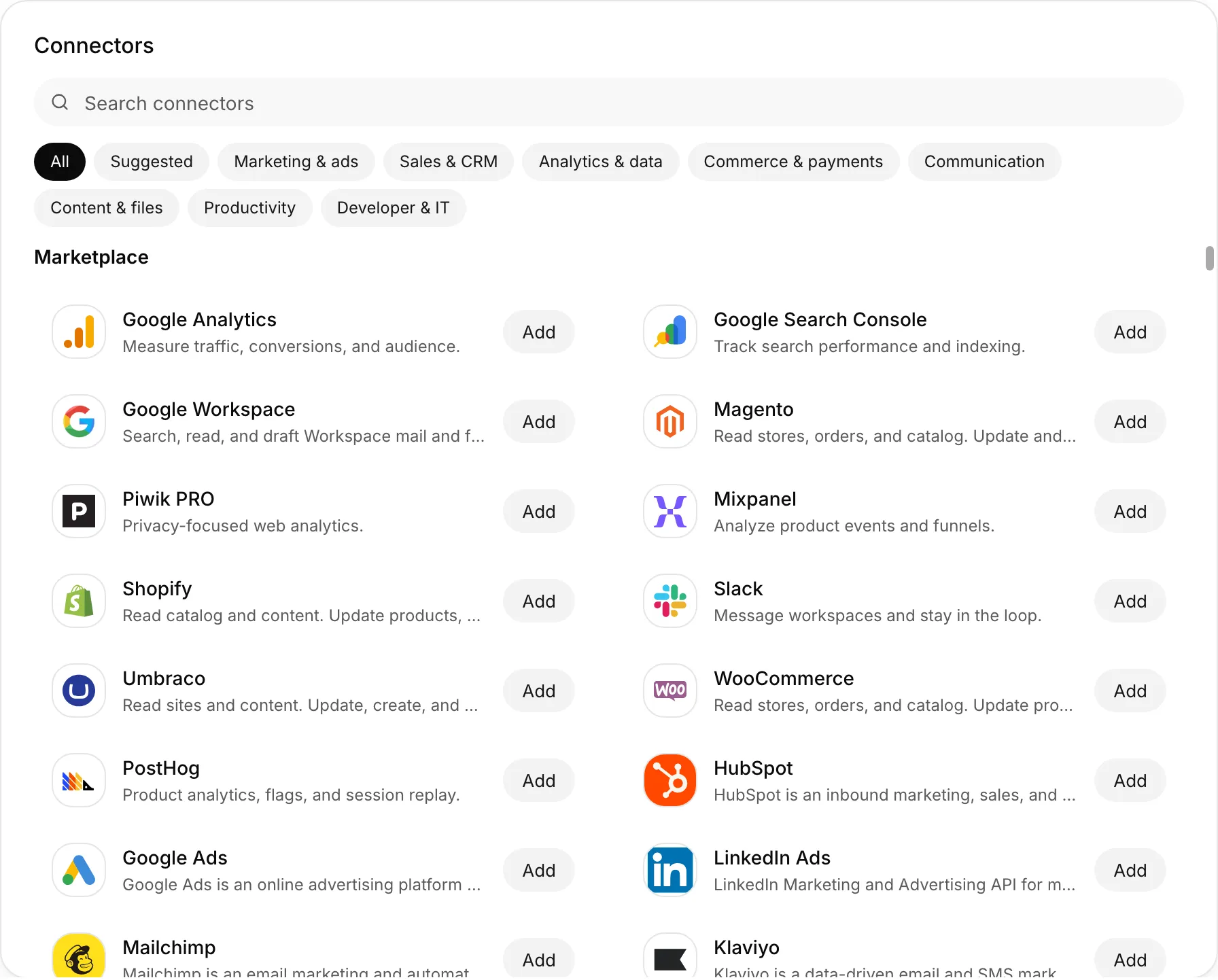 All tools with category filters and apps such as HubSpot, Google Ads, and Mailchimp