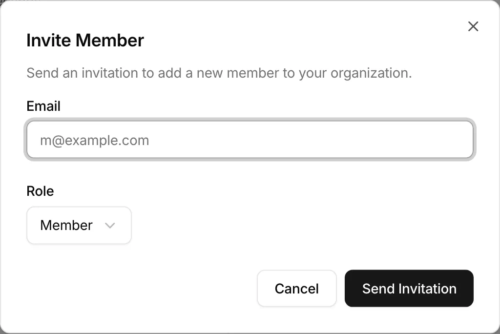 The Invite Member dialog with email and role fields