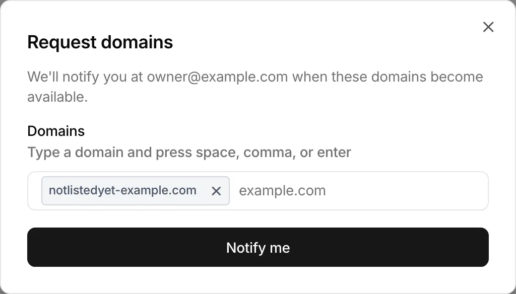 The Request domains dialog with a domain entered