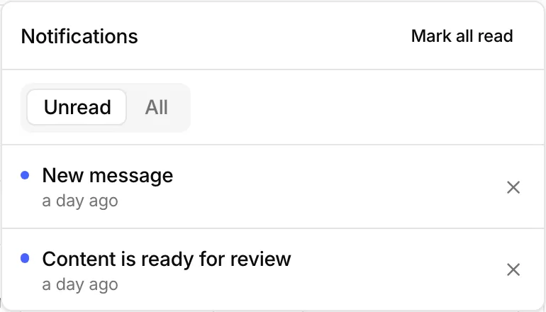 The notifications panel with two unread notifications