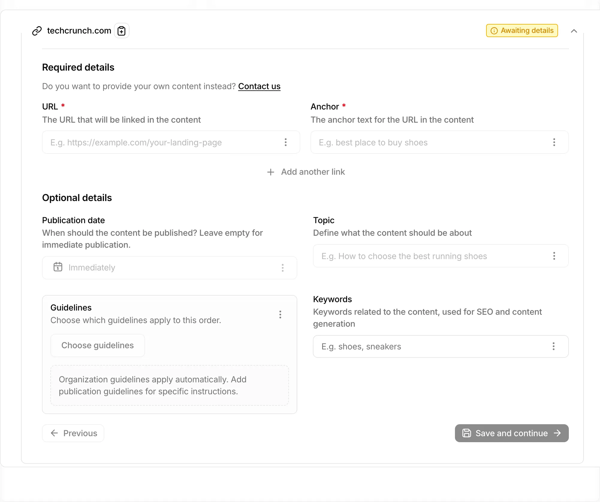 The content details form for a publication