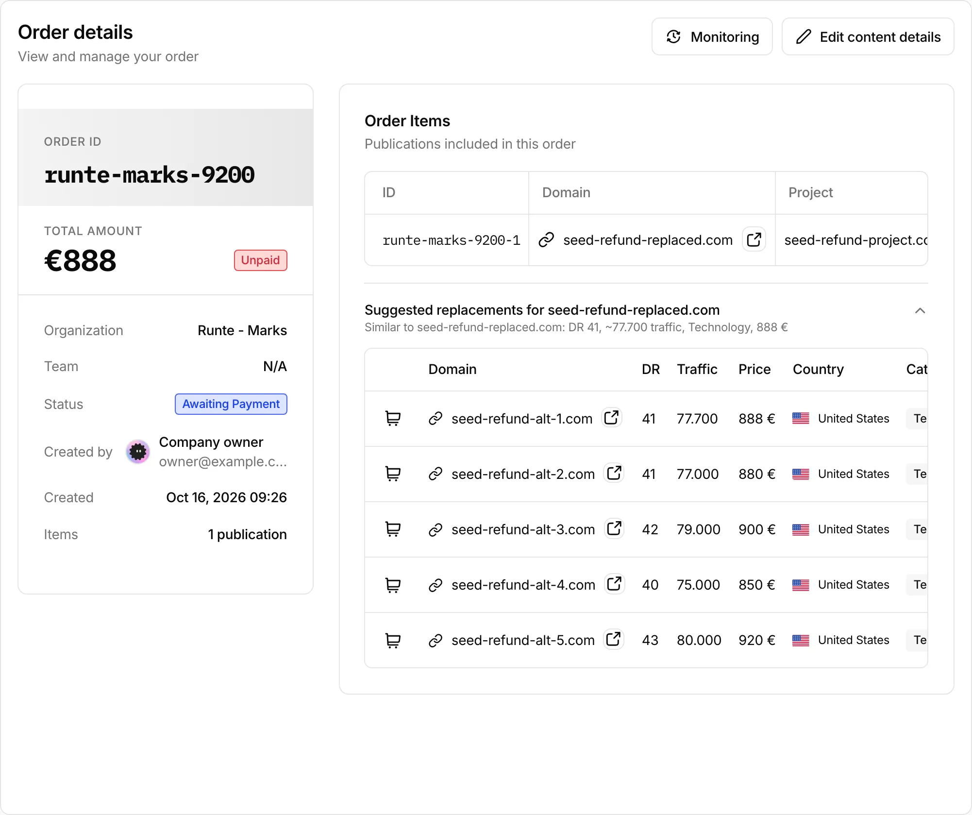 Order details with the payment summary, order items, and suggested replacements