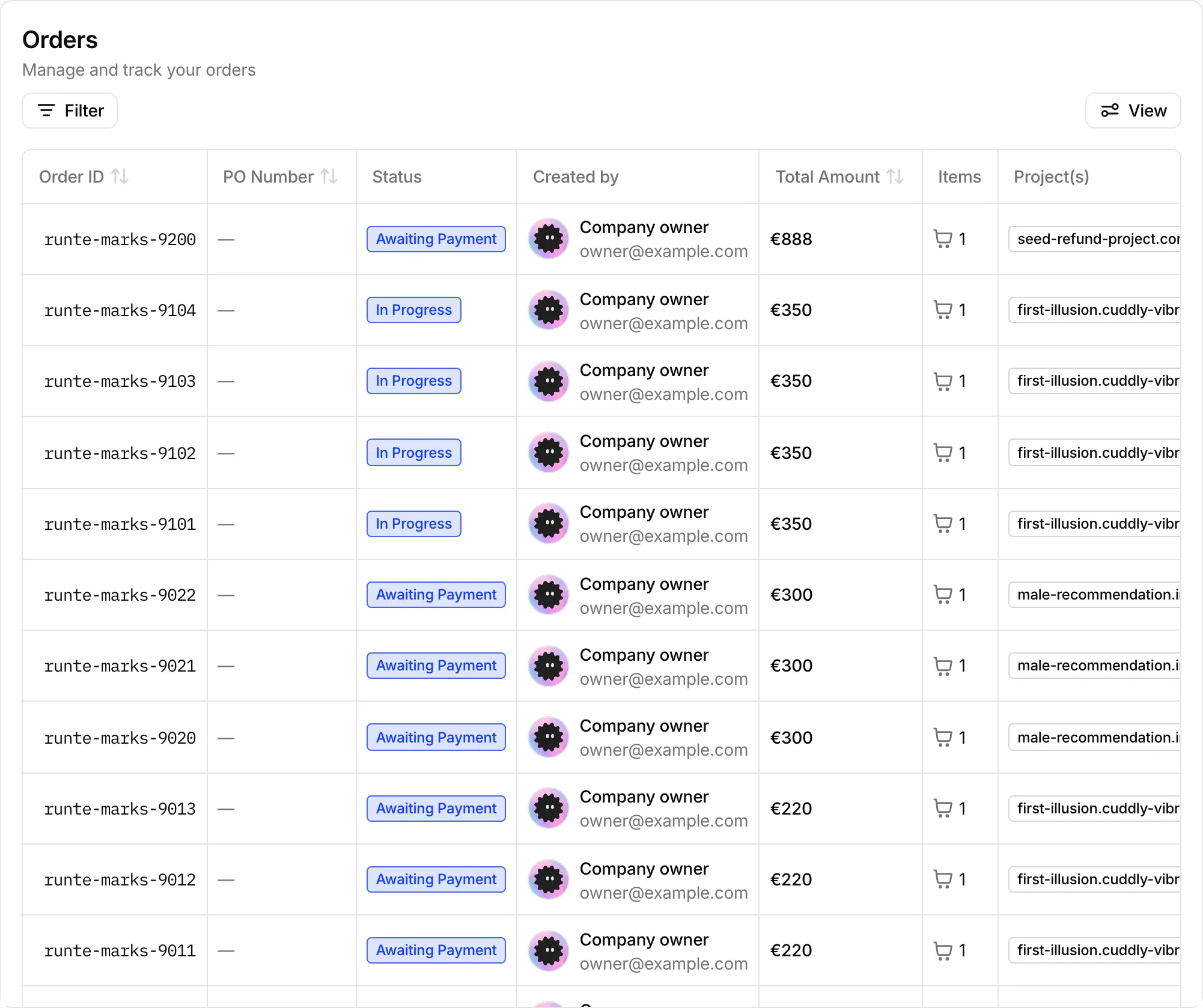 The Orders list with order IDs, statuses, totals, and projects