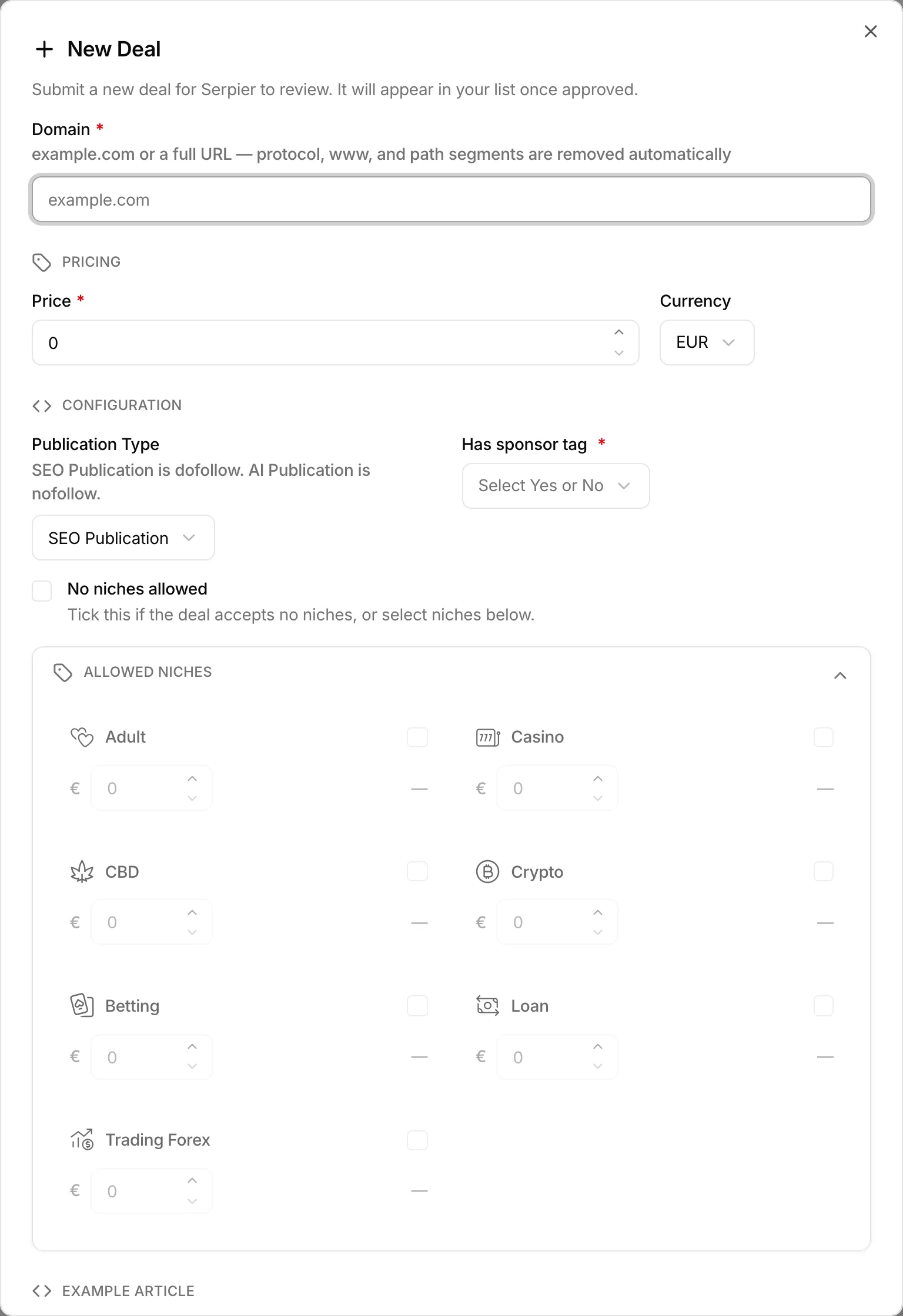 The New Deal form with domain, price, publication type, sponsor tag, and allowed niches