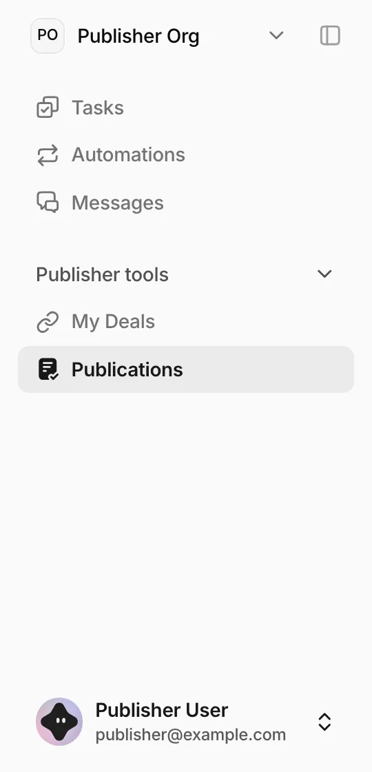 The sidebar of a publisher workspace with Publisher tools, My Deals, and Publications