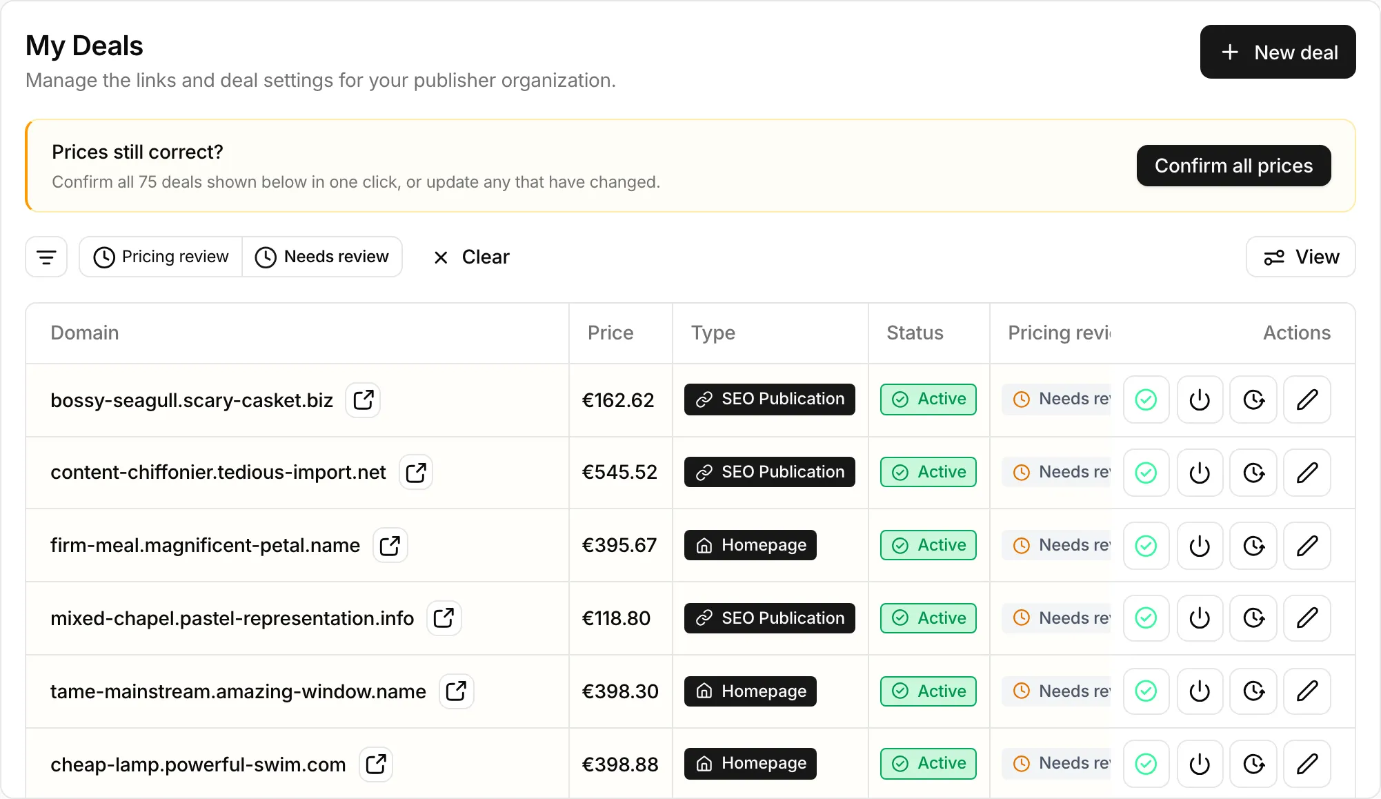 My Deals filtered to Needs review, with the Prices still correct? banner and Confirm all prices