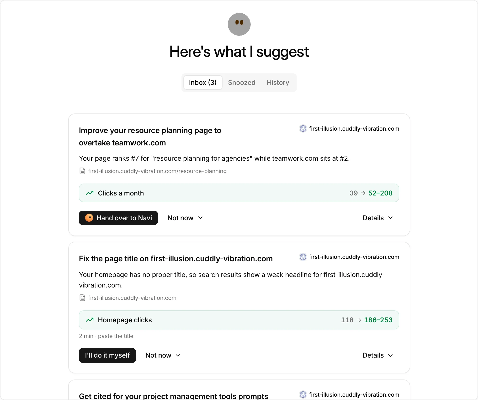 The suggestions inbox with three suggestion cards, each with its expected gain and actions