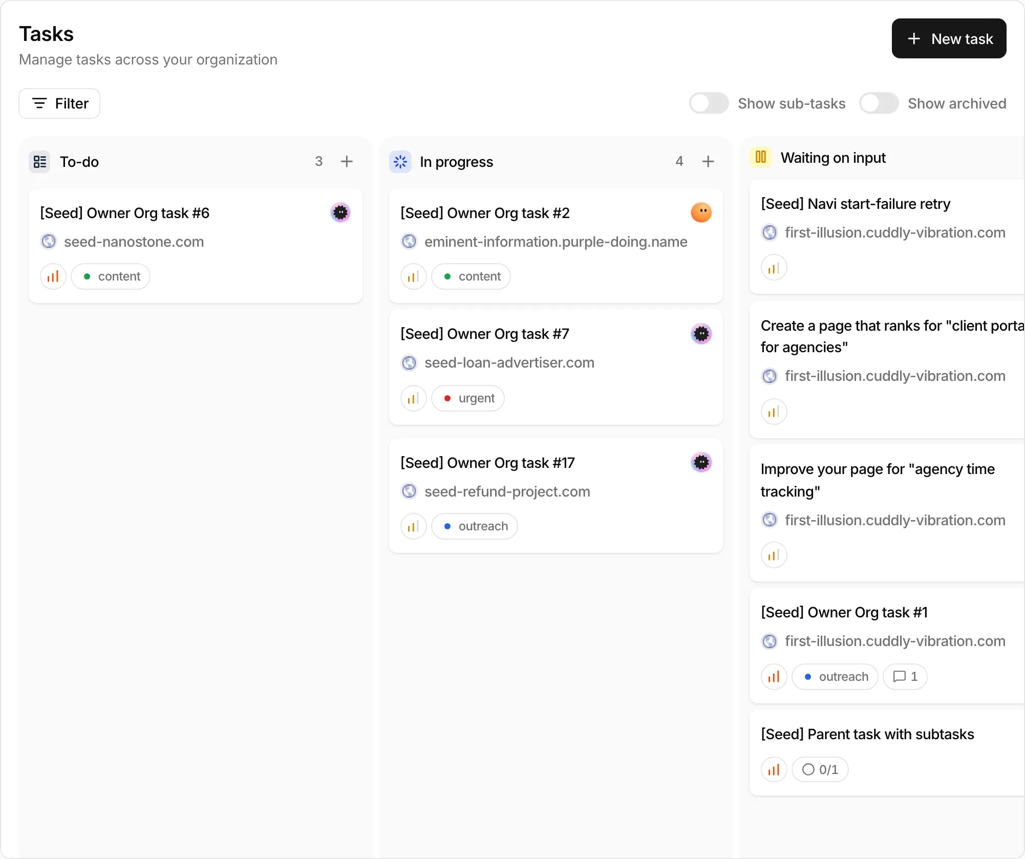 The Tasks board with To-do, In progress, Waiting on input, and In review columns