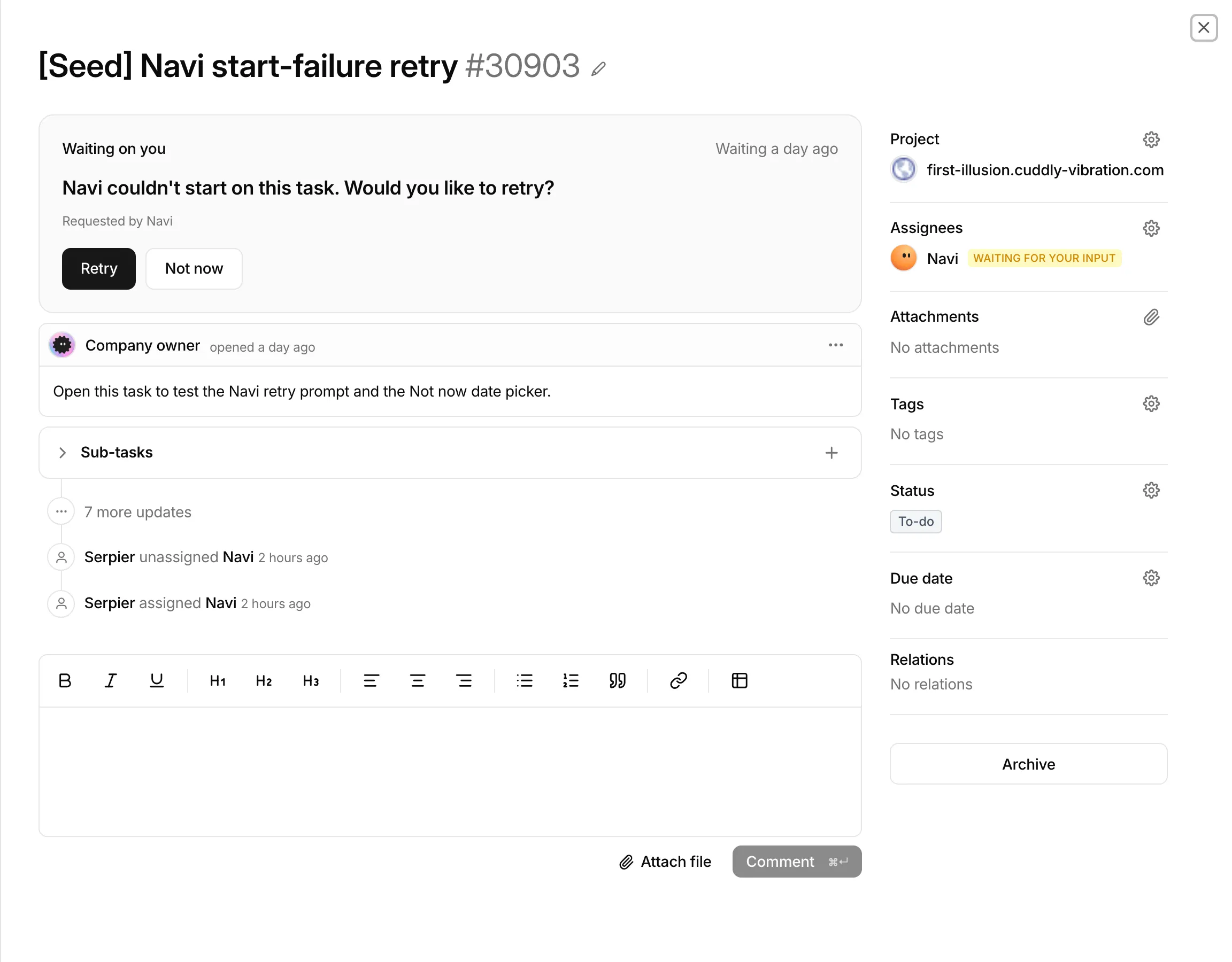 A task waiting on input, with Retry and Not now buttons